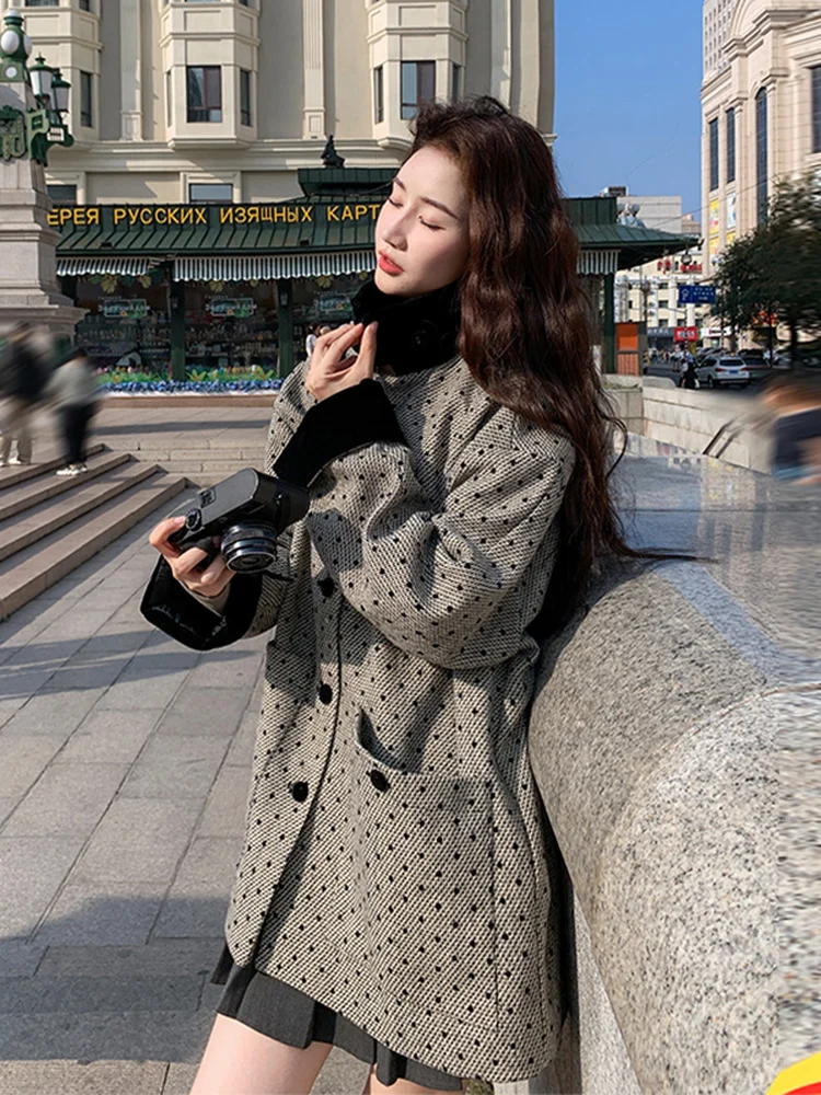 

Ретро-пальто из шерсти в цветную полоску в горошек для женщин, короткое, в корейском стиле, утепленное, зимнее, новинка