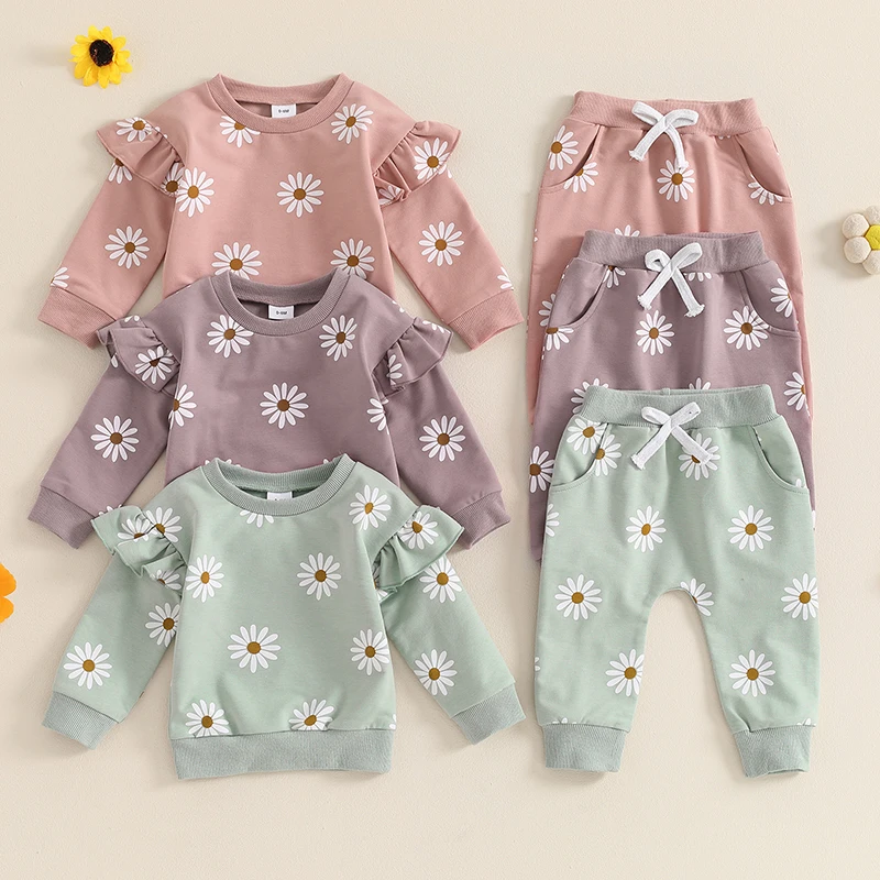 

2 Pcs Toddler Girl Fall Outfit Daisy Print Long Sleeve Sweatshirt Tops with Elastic Waist Pants Casual Set