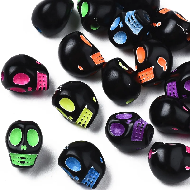 100pc Opaque Black Acrylic Beads Craft Style Skull Mixed Color 9.5x7.5x8mm Hole: 1.8mm