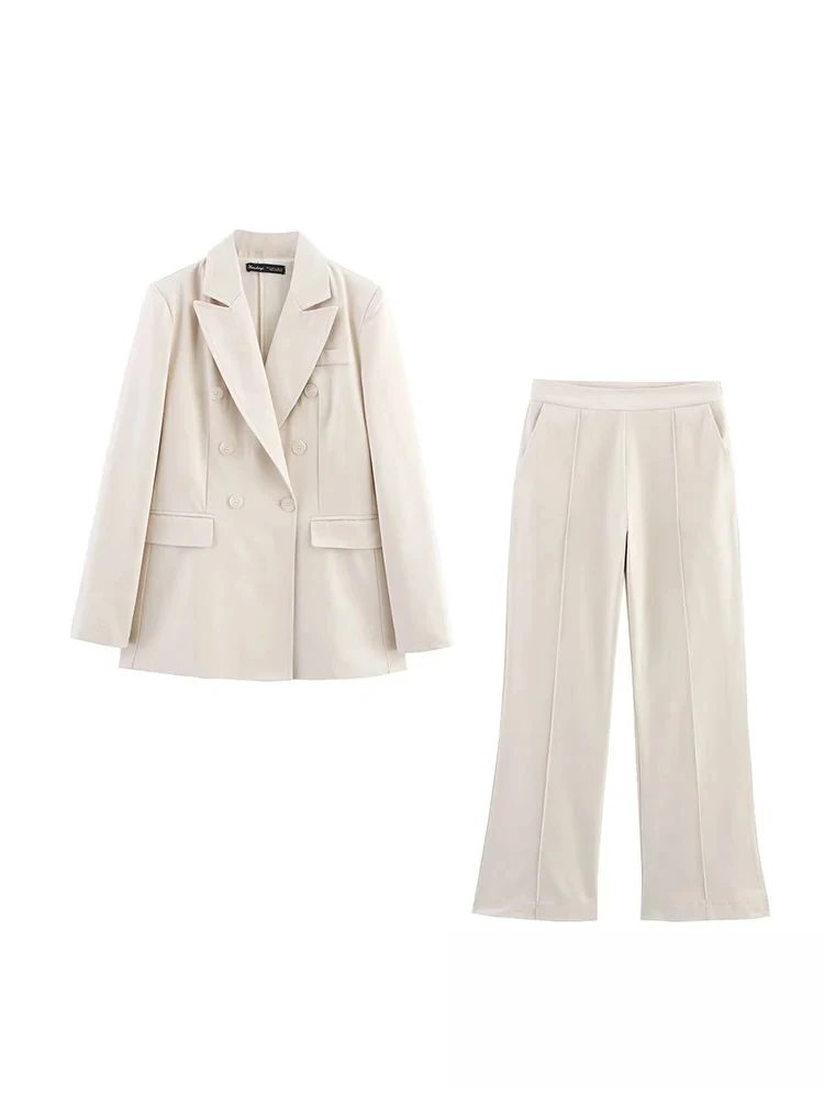 

KONDALA винтажный шикарный однотонный женский костюм, двубортный пиджак с карманами, прямые свободные брюки, модный весенний офисный женский комплект 2025 года