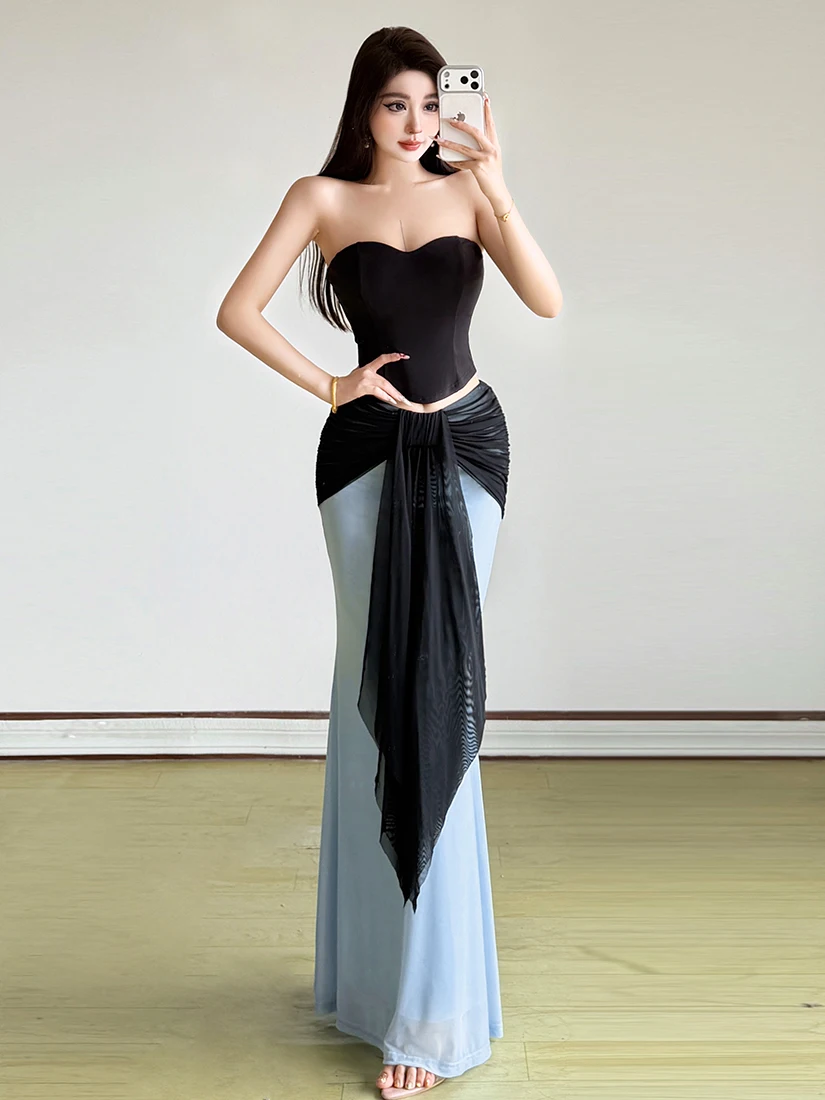 

Sisjuly Blue Chill Sexy Strapless Mesh Skirt Set Women's High Waist Long Skirt V-Neck Sleeveless Elastic Bandage Outfit