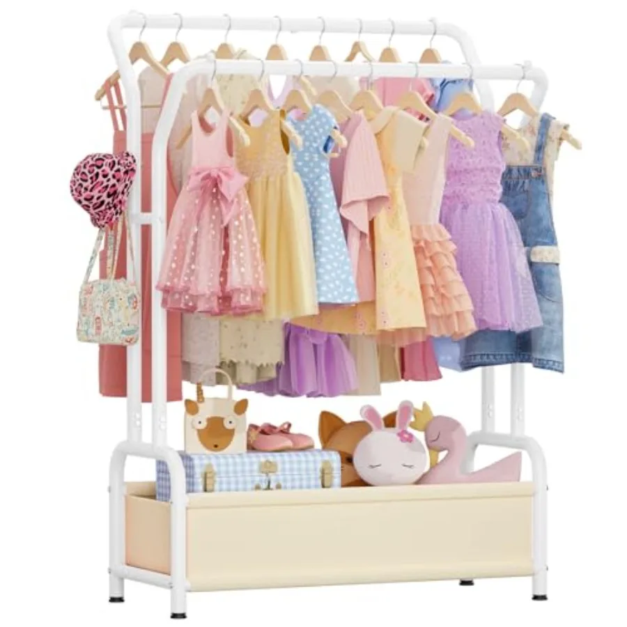 Clothing Rack with Double Hanging Rods and Storage Basket Child-Height Dress Up Storage for Toddler Open Closet for Baby Clothe
