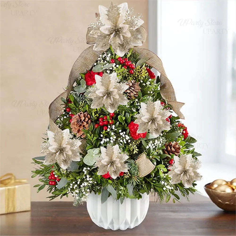 10 قطع من الزهور الاصطناعية لتزيين عيد الميلاد، زهور البونسيتة لعيد الميلاد مع مشابك لتزيين شجرة عيد الميلاد وديكور عيد الميلاد #6