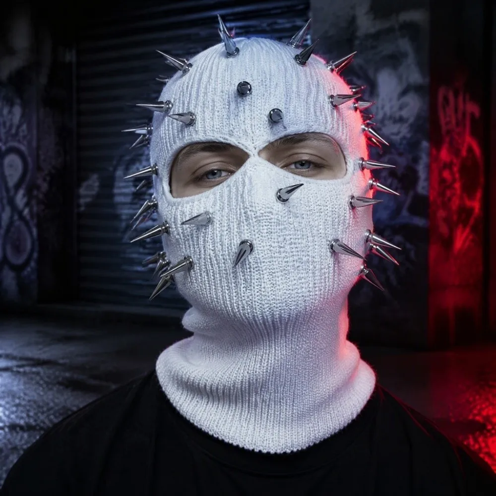 Spiked Knitted Rivet Hat Lightweight Breathable Full Face Mask Windproof Stretchable Knitted Beanie Ski