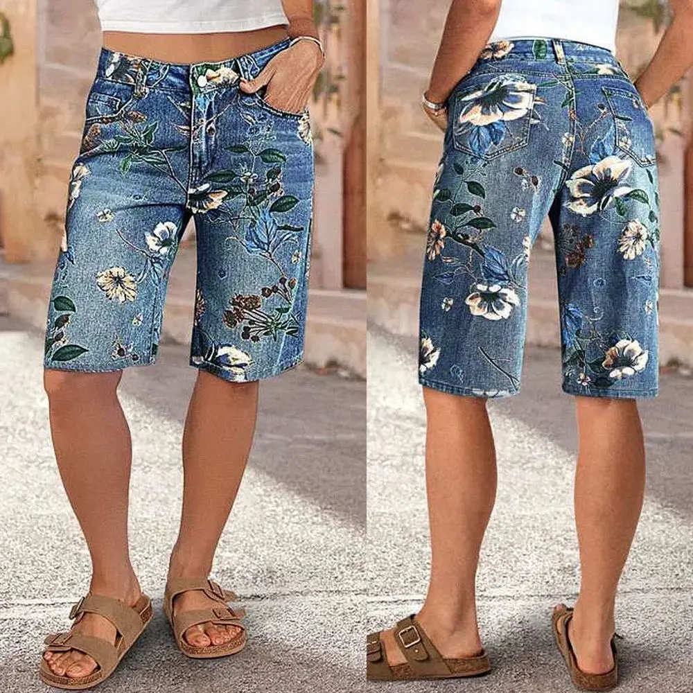

Новые женские джинсовые шорты с высокой талией и широкими штанинами, утягивающие, с цветочным принтом, весна-лето 2026