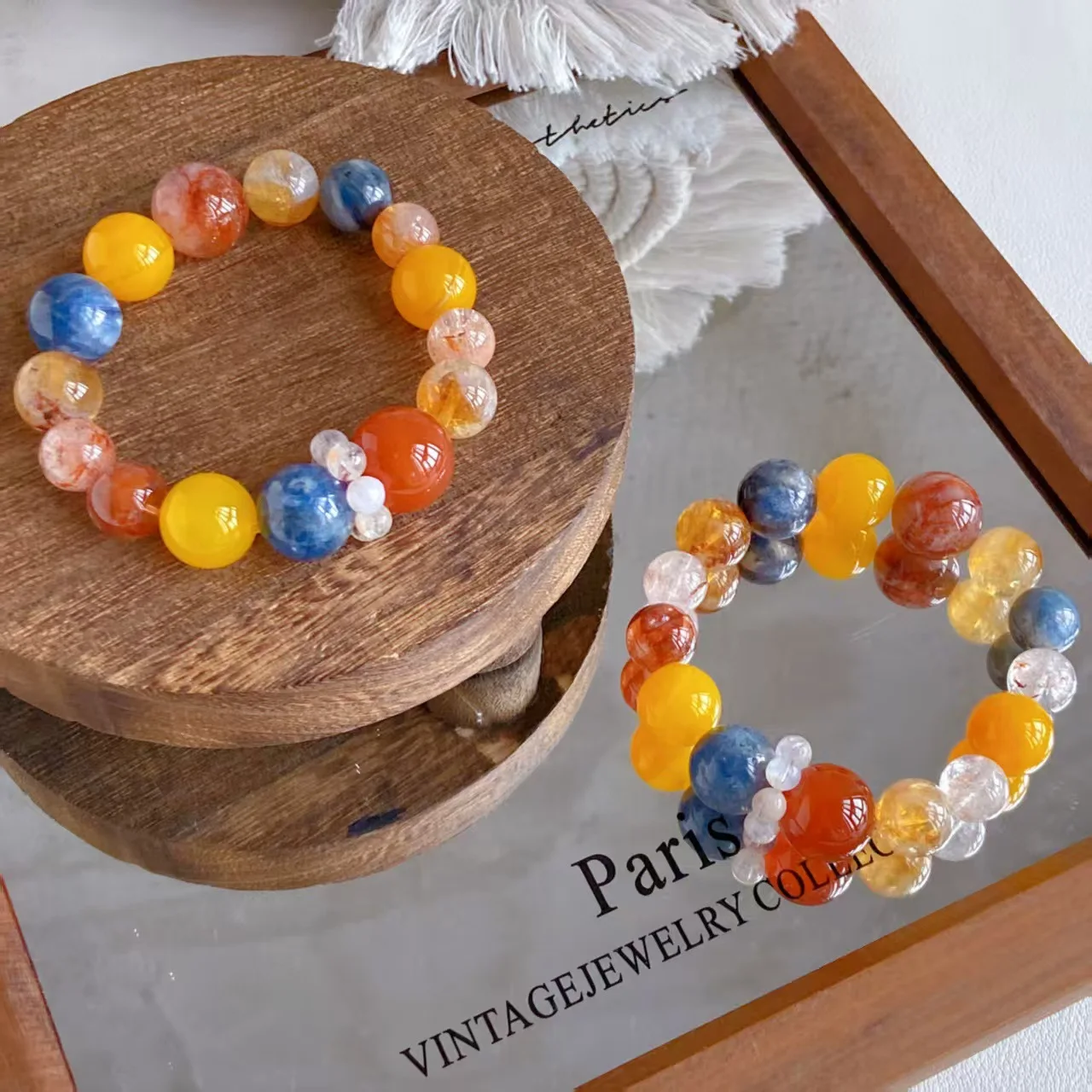 Chinese Style Dunhuang Series 16mm Natural Red Agate Yellow Agate Blue Kyanite Citrine Large Beaded Bracelet Lucky Blessing Fort