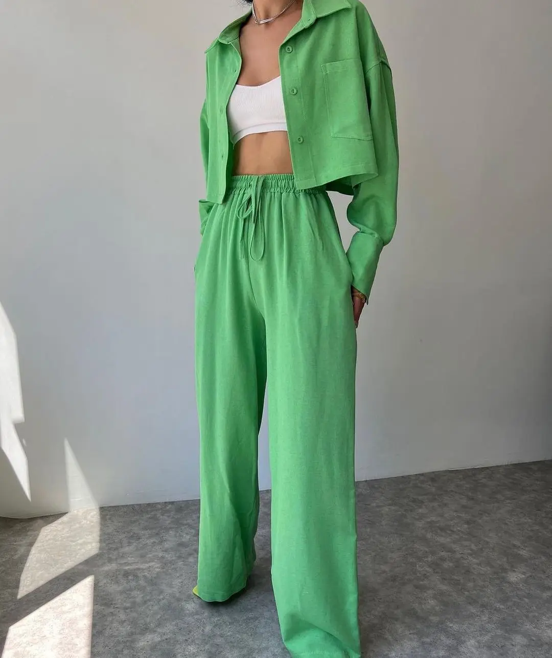 

Fashion Lady Shirt Suits Streetwear Two Piece Set For Women Chic Elegant Long Sleeve Solid Tops + Wide Leg Pants 2 Piece Outfit