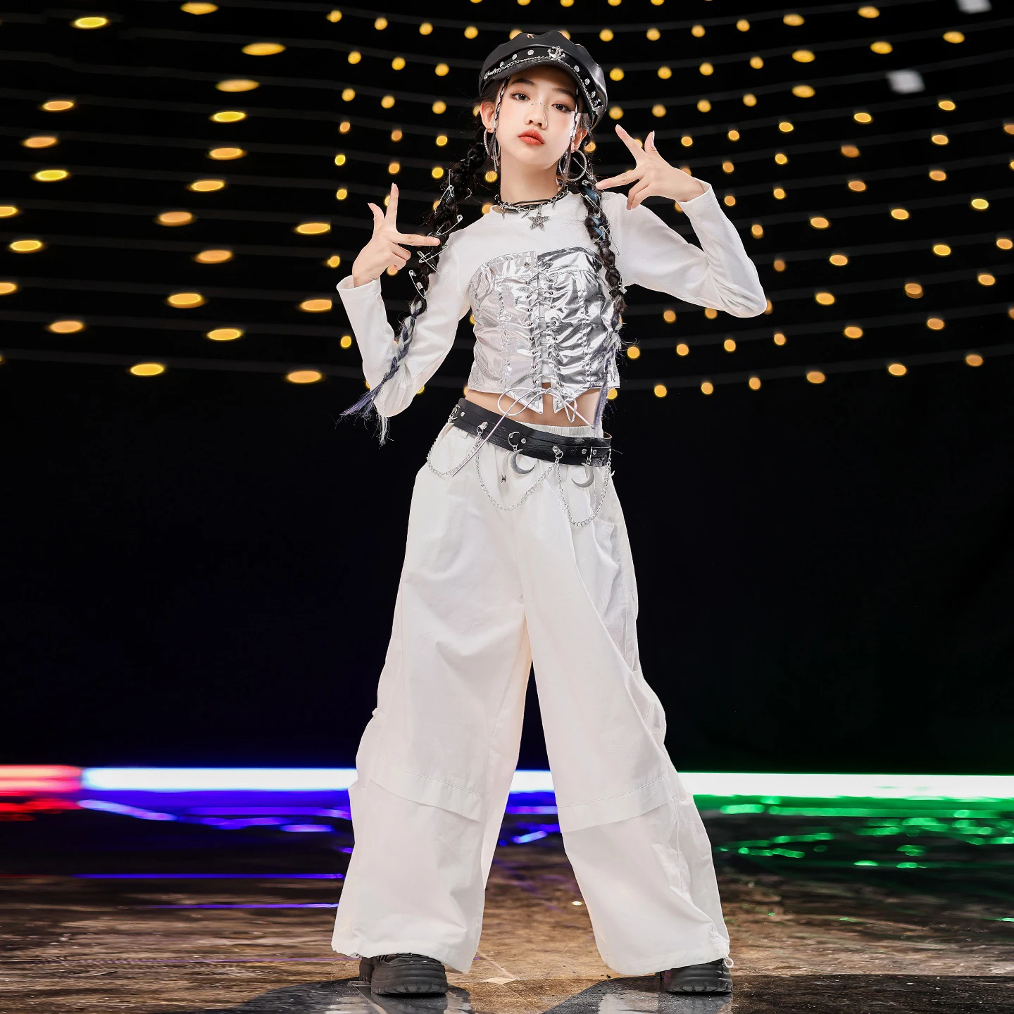 2025 Kinder Hip Hop Jazz Dance Kleidung Mädchen Lange Ärmel Tops Weiße Hosen Kpop Gruppe Leistung Kostüme Straße Tragen BL17647