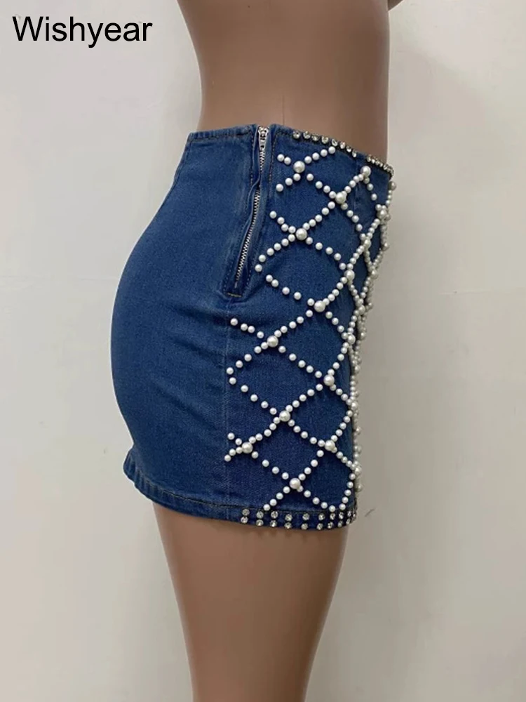 Sexy Night Club Hot Girls Pearl Beading Bodycon Mini Denim Skirts Women Fashion Party Jean Short Pencil Skirt Birthday Outfits