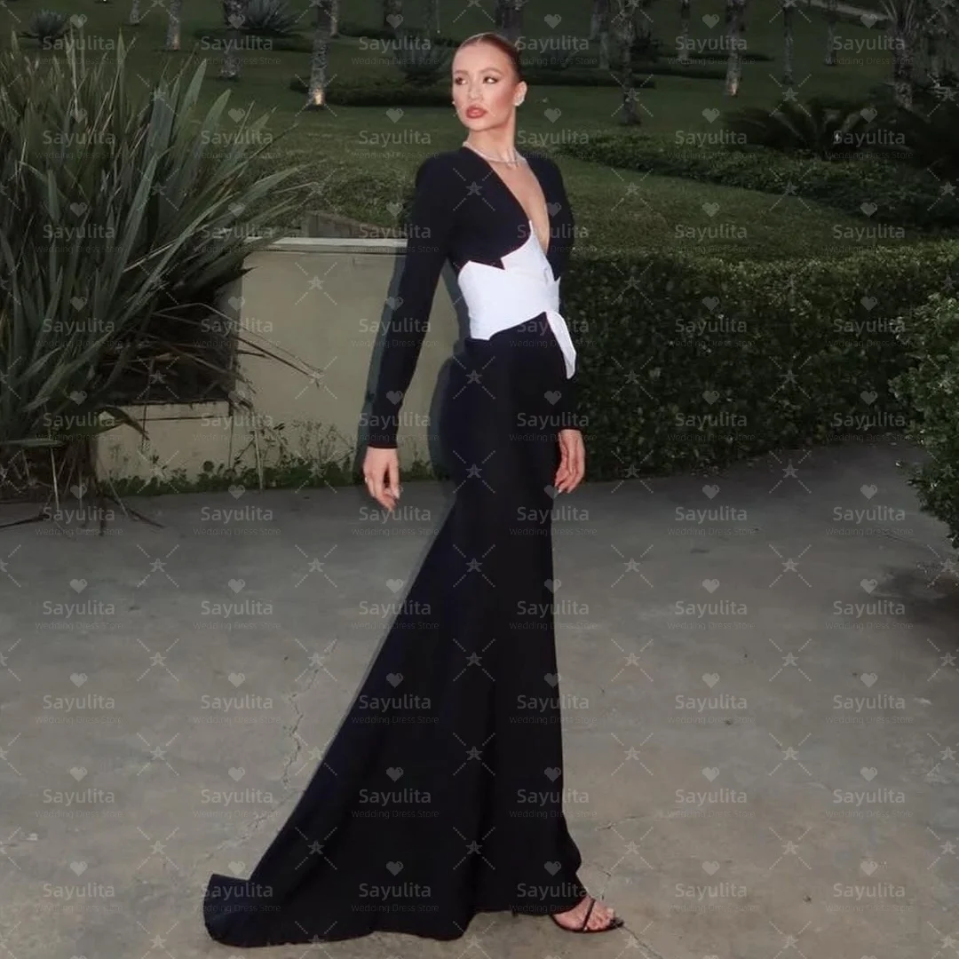 فساتين سهرة Sayulita سوداء للحفلات الراقصة مثيرة بياقة على شكل V وأكمام طويلة فستان أنيق للحفلات بسحاب خلفي للمناسبات الخاصة حسب الطلب