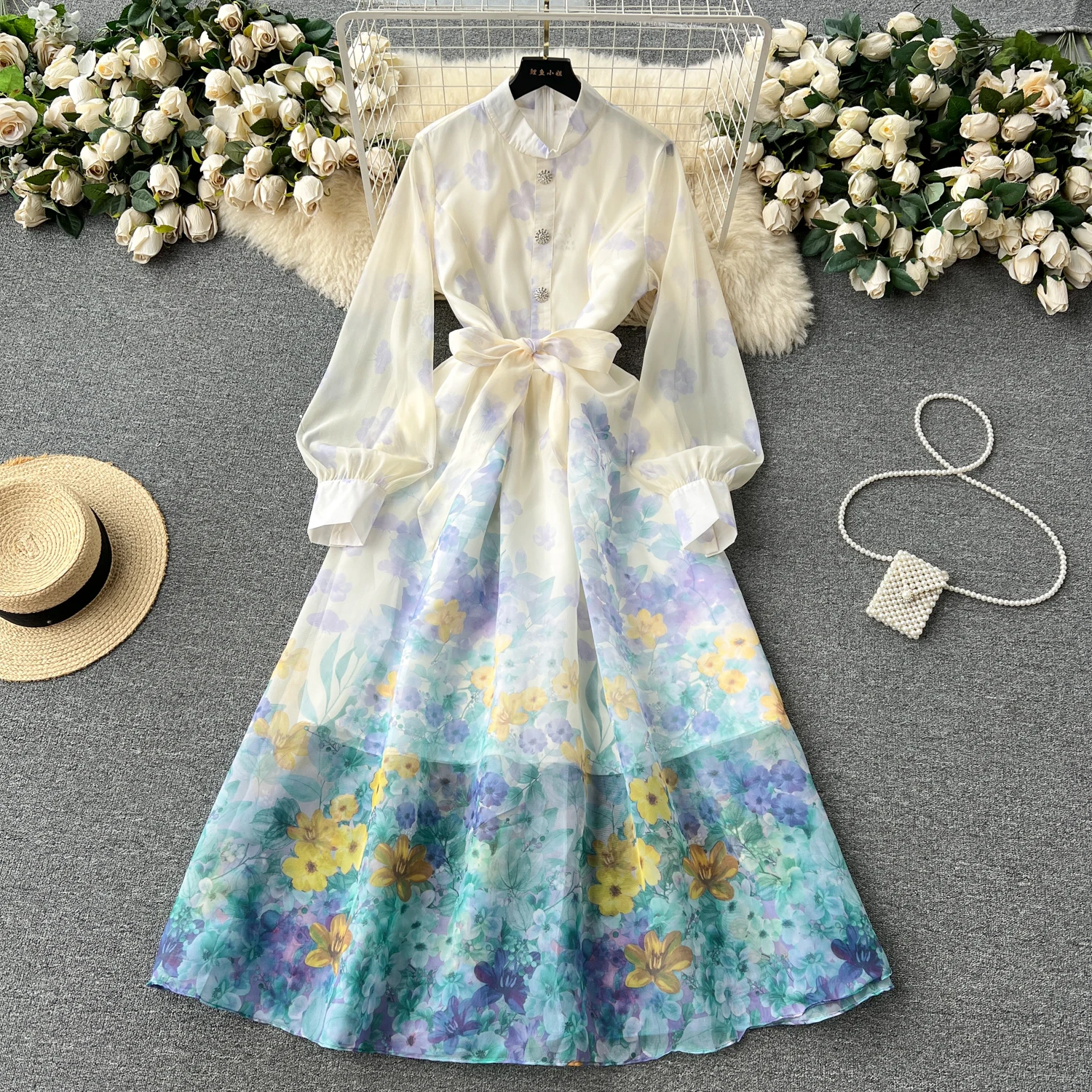 Retro Stand Collar Long Sve Floral Chiffon Dr Women's Spring Autumn New Sle Belted Waist Flared Long Skirt
