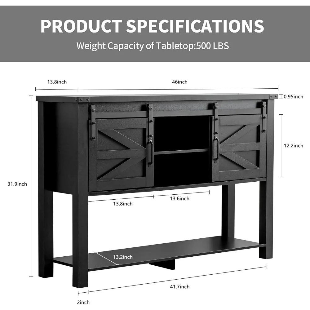 Entryway Table with Sliding Barn Doors, 46'' Farmhouse Console Table with Storage, Rustic Sofa Table with Adjustable She