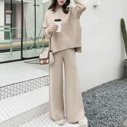 Two Piece Sets Women Knit Suit Turtleneck Full Sleeve Sweaters Midi Waist Loose Long Pants Set Autumn Splice Casual Suits