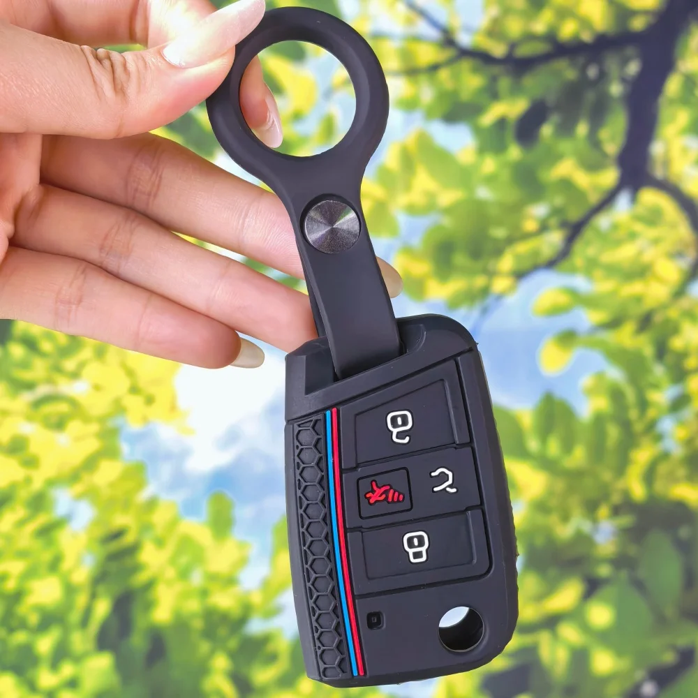 Hex Tricolor Honeycomb Key Cover With Keychain For VW Golf GTI Alltrack Golf R Sportswagen Polo Skoda Tiguan Atlas e-Golf Jetta - view 3