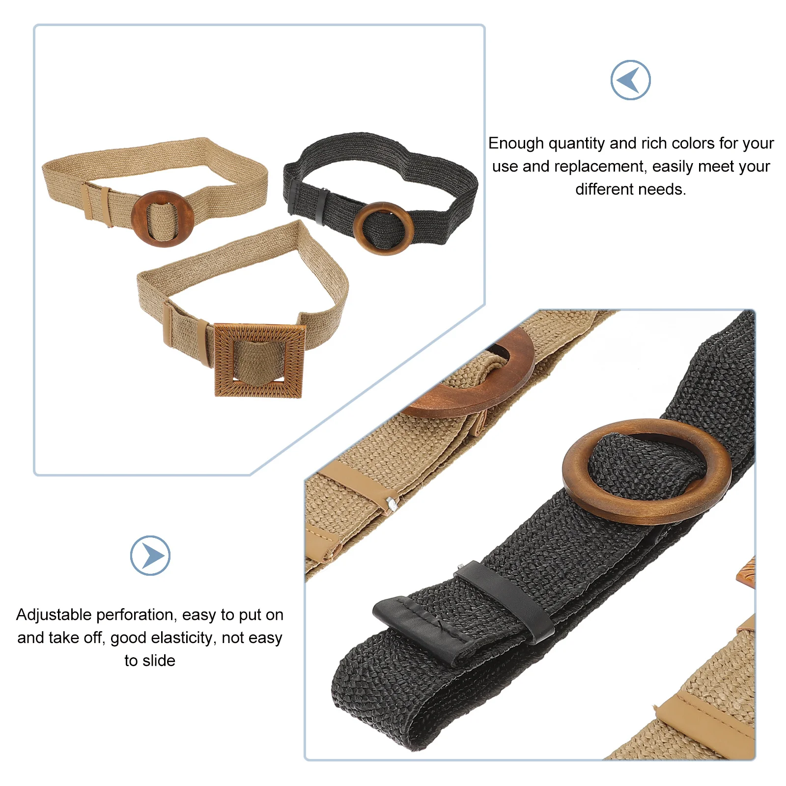 

3Pcs Round Buckle Waist Belts Women Bohemian Elastic Woven Straw Dress Belts Wide Perfect Gift Accessories for All Seasons