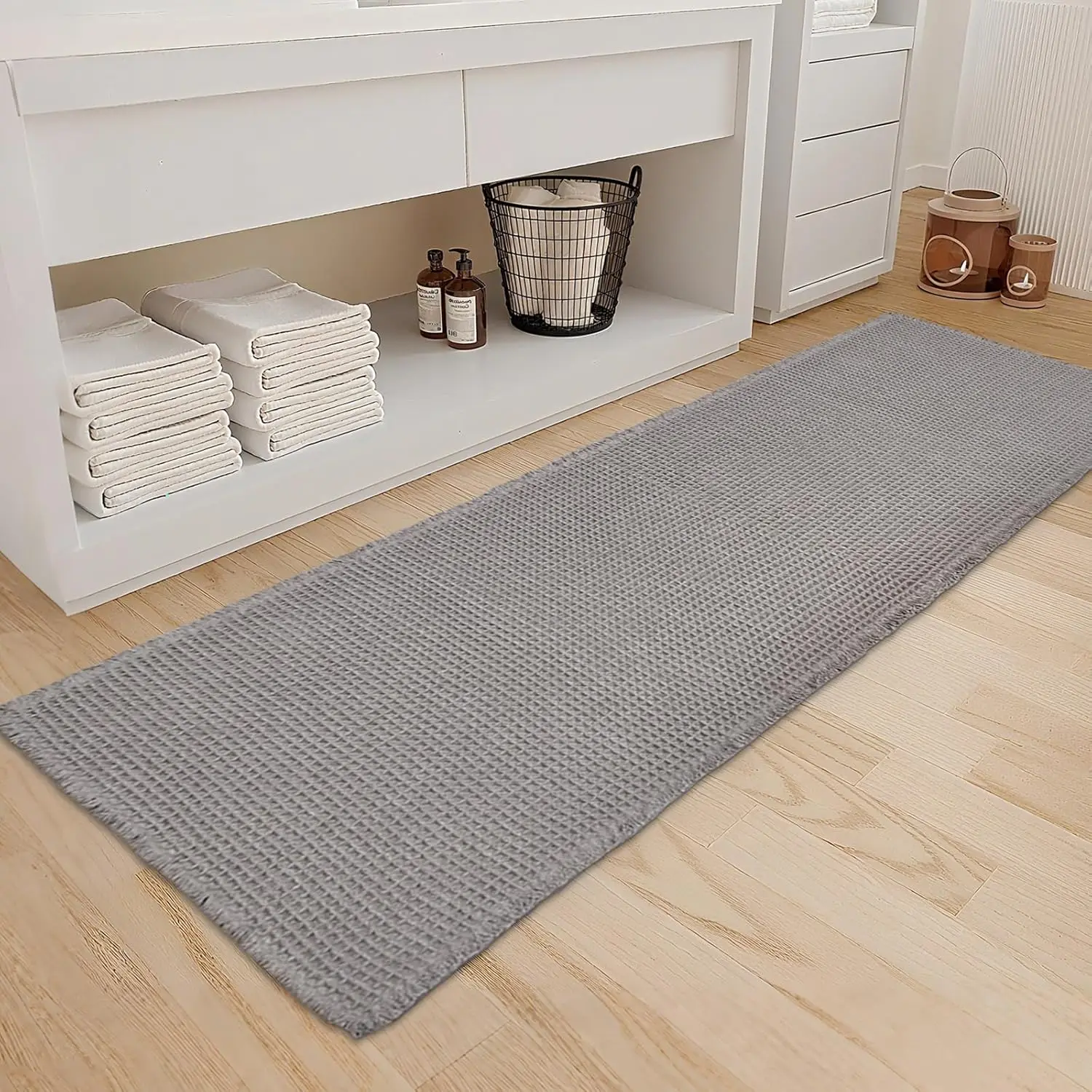 

Grey Waffle Bath Mat, Super Absorbent Non-Slip Long Runner Rug, 24x72 Inch Machine Washable Ultra Soft