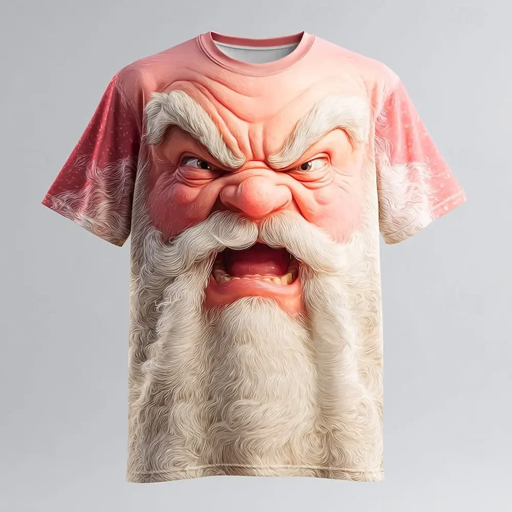 Funny Men's Angry Santa Claus 3D Print T-Shirt Realistic Screaming Santa Face Graphic Short Sleeve Christmas Novelty Party Tee