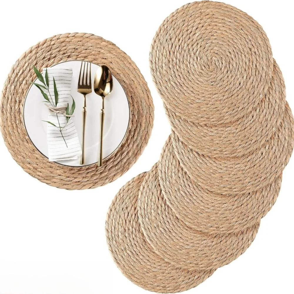 Non-Slip Braided Round Handwoven Rattan Placemats Non-Slip Heat Resistant Heat Insulation Mats Woven Placemats Home Decoration