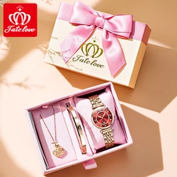 FATE LOVE-Conjunto de reloj de cuarzo para mujer, correa de acero inoxidable de lujo, resistente al agua, con fecha, collar, pulsera