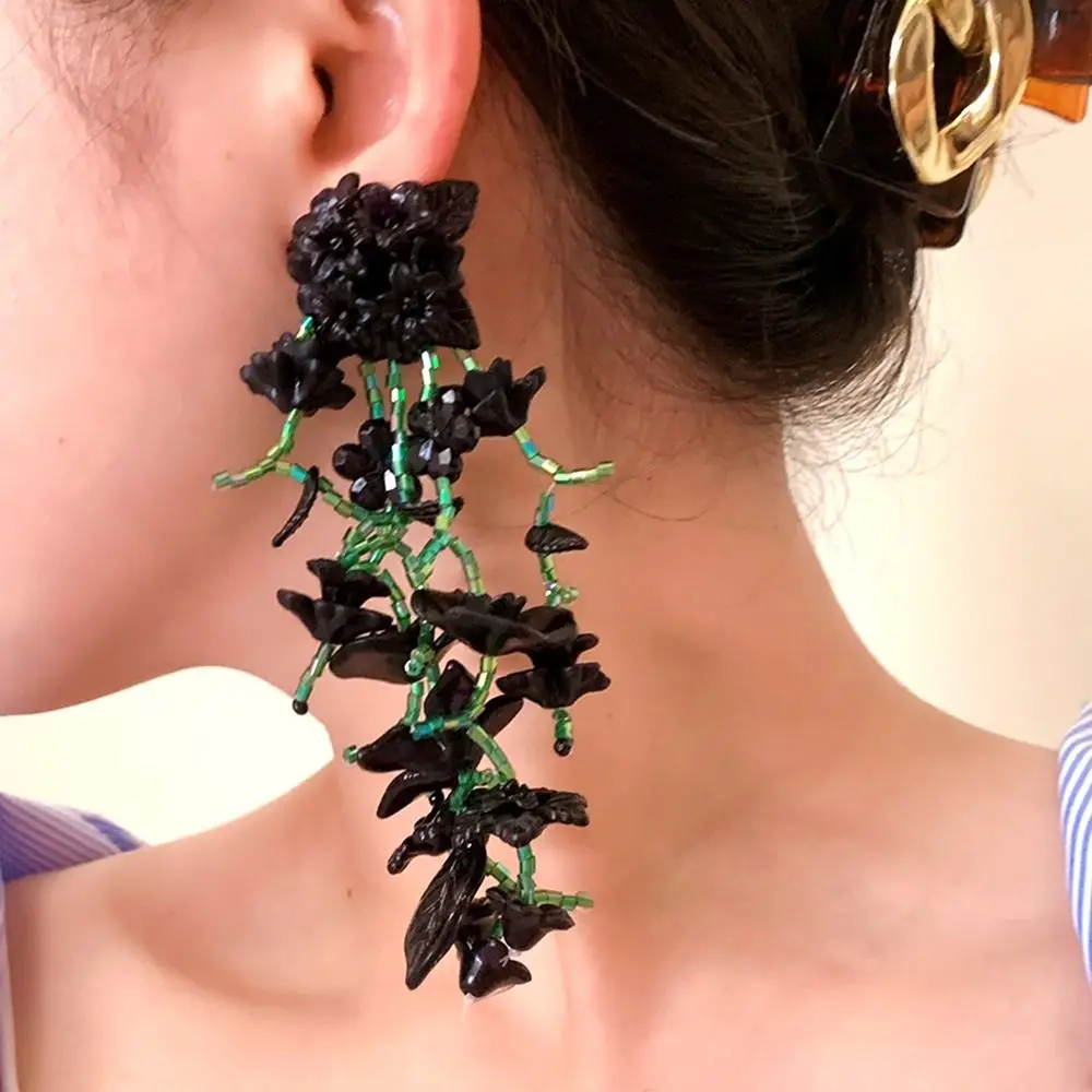 Handmade Colorful Flower Tassel Earrings Rural Style Jewelry Crystal Beaded Tassel Earrings Beaded Alloy