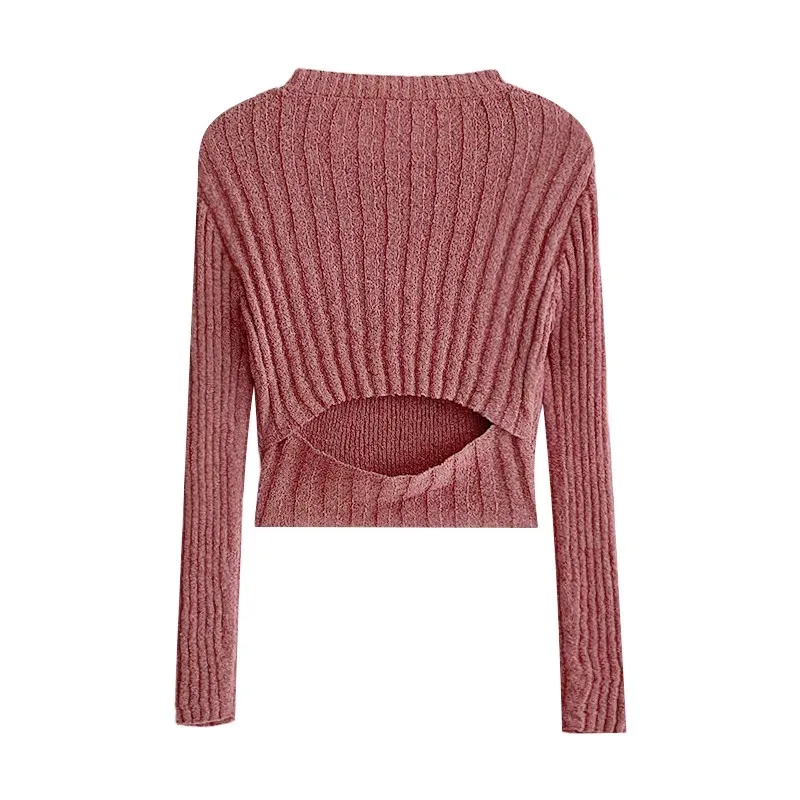 Spicy Girls Style Back Hollow Out Design Early Autumn Soft  Comfortable Round Neck Slim Fit Knitted Sweater