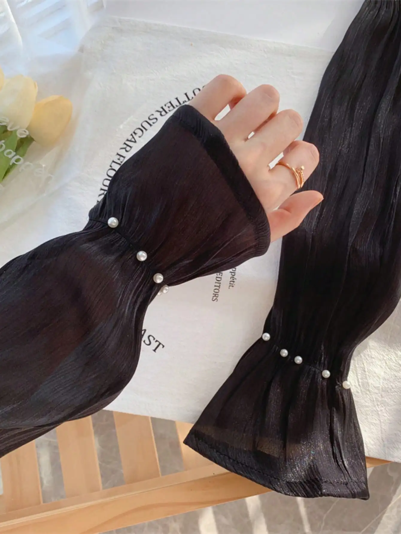 

1 Pair New Pearl Mesh Sun Protection Arm Sleeves, Women Summer Driving Gloves, Anti-UV, Loose Solid Color Polyester