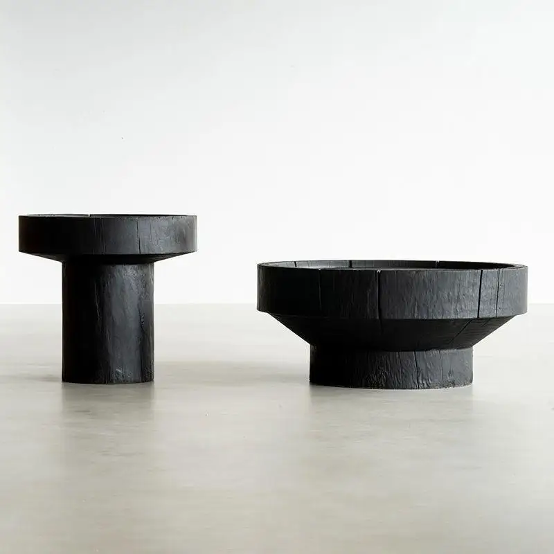 Wabi Sandy Wind Solid Wood Round Coffee Table Living Room Simple Carbonized Black Edge Hotel Log Stump Creative Homestay