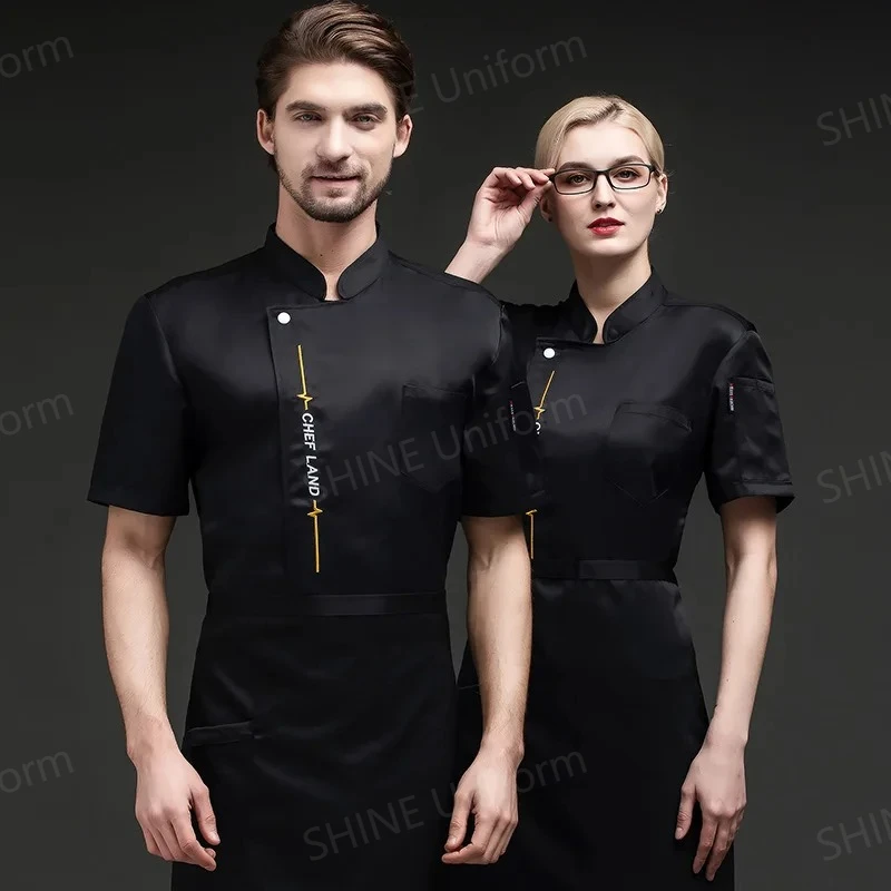 New Chef Jacket Hotel Chef Uniform Short Sleeve Breathable Pizza Work clothes Catering Restaurant Kitchen Bakery Black Chef Wear