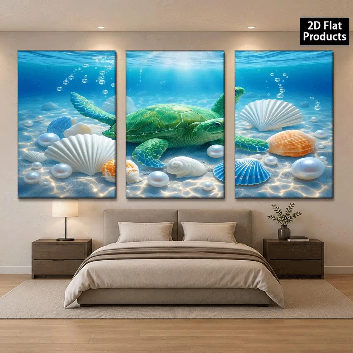 Frameless 2D Flat 3pc  Canvas Wall Art – Three panels show a sea turtle with shells pearls and bubbles underwater perfect for