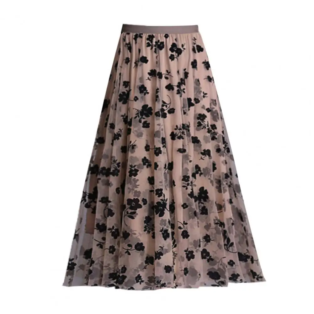 Saia Midi com estampa floral flocada para mulheres, cintura alta, bordada, elegante, reversível, linha A, desgaste