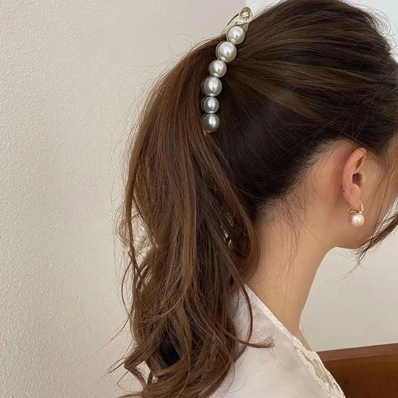 Modische Perlen-Haarnadeln Haarspangen Bananenclips Damen Mädchen Kopfschmuck Pferdeschwanz-Haarklammern Accessoire – Detail 2