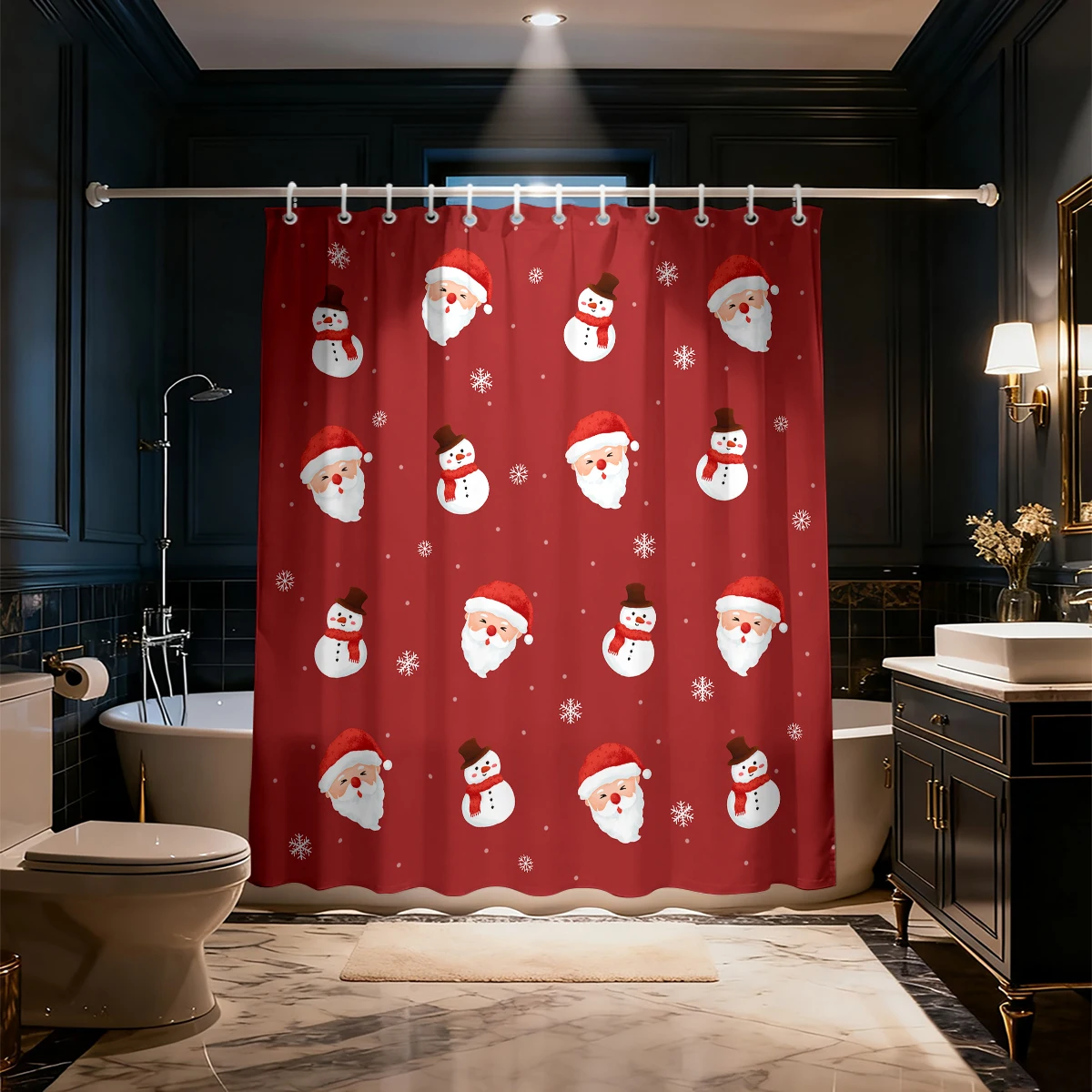 90G Waterproof Shower Curtain Santa Claus Head Snowflake Red Background All Over Print Curtain