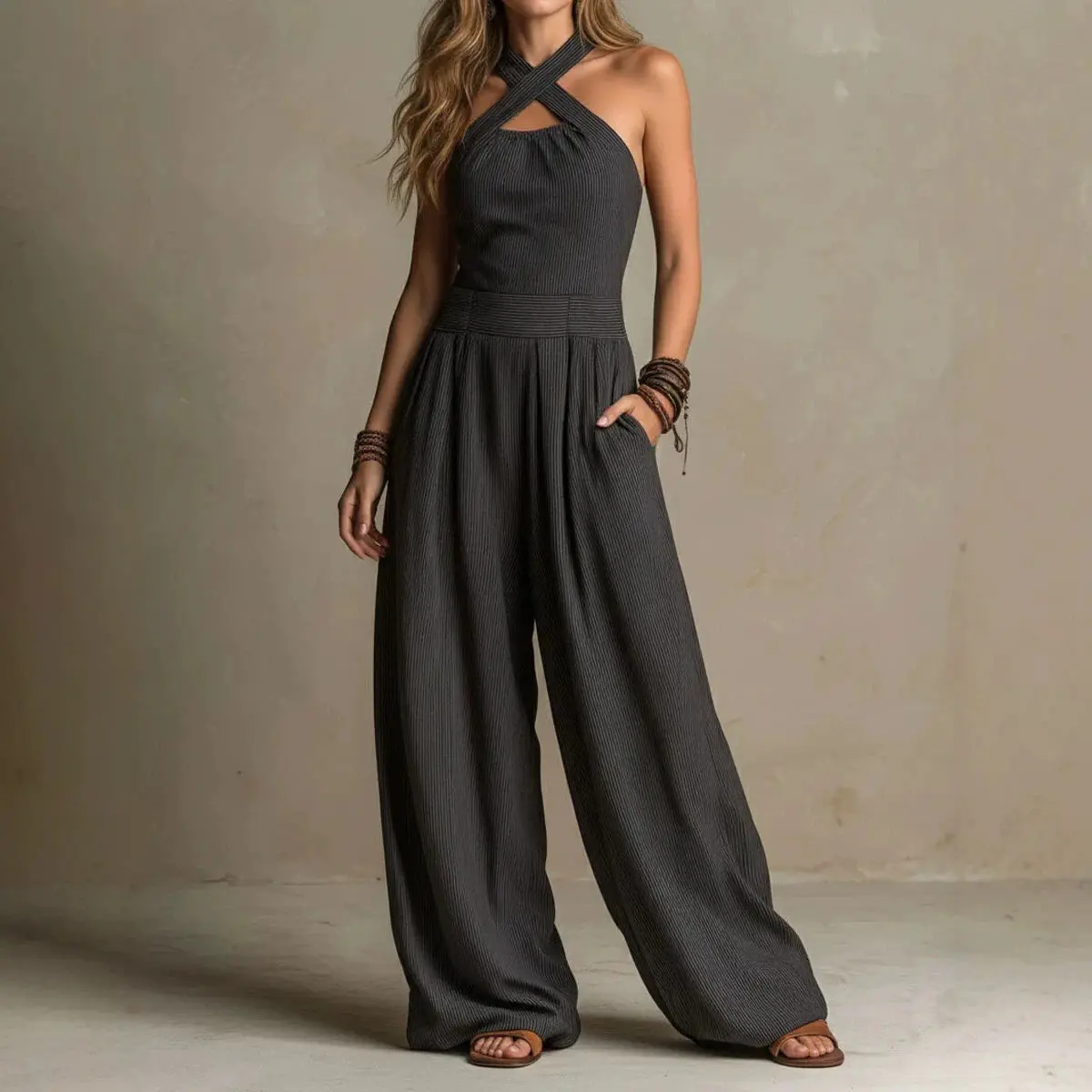Summer Women Jumpsuit Solid Color Cross-Neck Elegant Casual Versatile Simple Fashion Comfortable Daily Style Wide Leg Jumpsuit