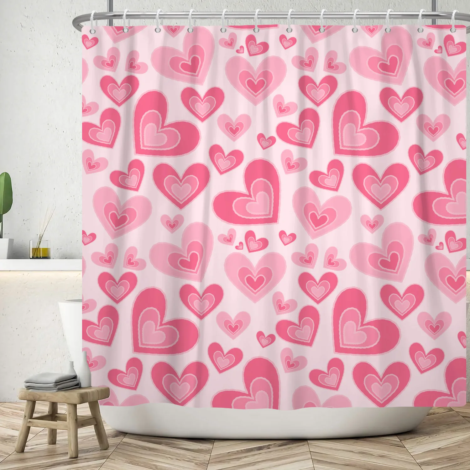 Pink Heart Shower Curtain Romantic Valentine\'s Day Bathroom Decoration Polyester Fabric Waterproof Hanging Curtains With Hooks