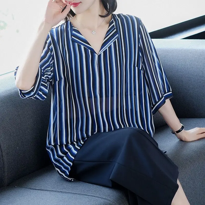 Office Lady Striped Loose Chiffon Blouse Half Sleeve Female Clothing Fashion Patchwork 2023 Summer New Casual V-Neck Midi Shirt