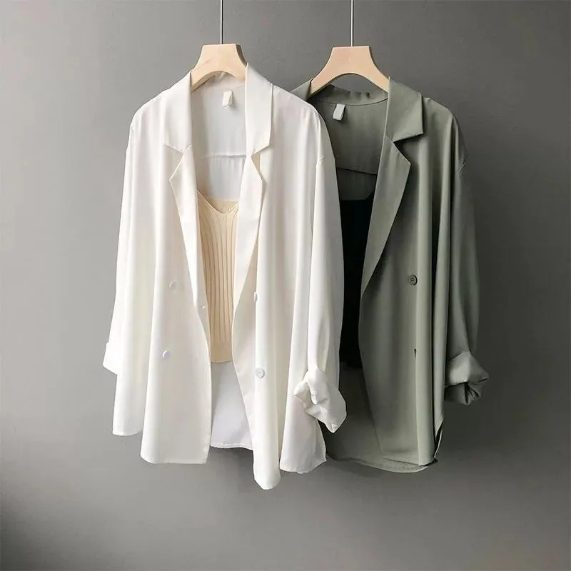 Blusa de gasa de manga larga para primavera y verano para mujer, chaqueta de otoño, prendas de vestir con botones, traje, cárdigan para mujer