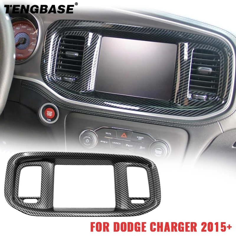 Rivestimento della copertura della cornice dello schermo di navigazione DVD del cruscotto in fibra di carbonio per Dodge Charger 2015 +