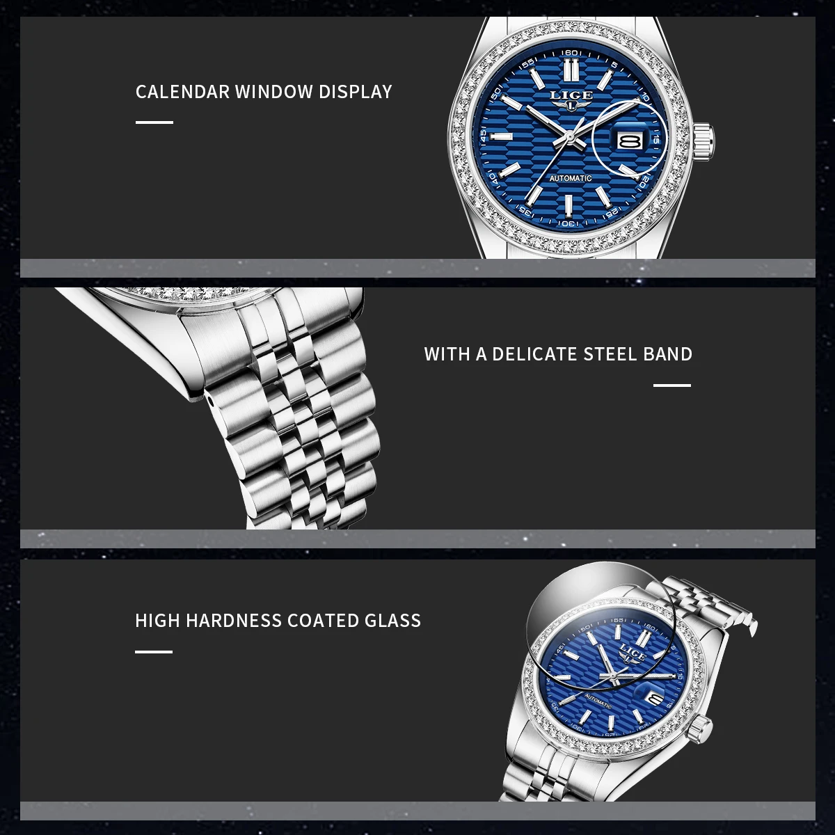 LIGE Orologio meccanico da uomo Orologio automatico di lusso delle migliori marche Orologio da uomo luminoso impermeabile in acciaio inossidabile da lavoro + scatola per orologi regalo