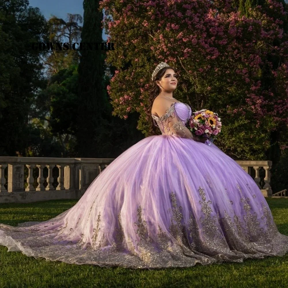 

Lilac Sweet 16 Quinceanera Dress Gold Lace Applique Beading Corset Tull Formal Birthday Party Ball Gown Customized