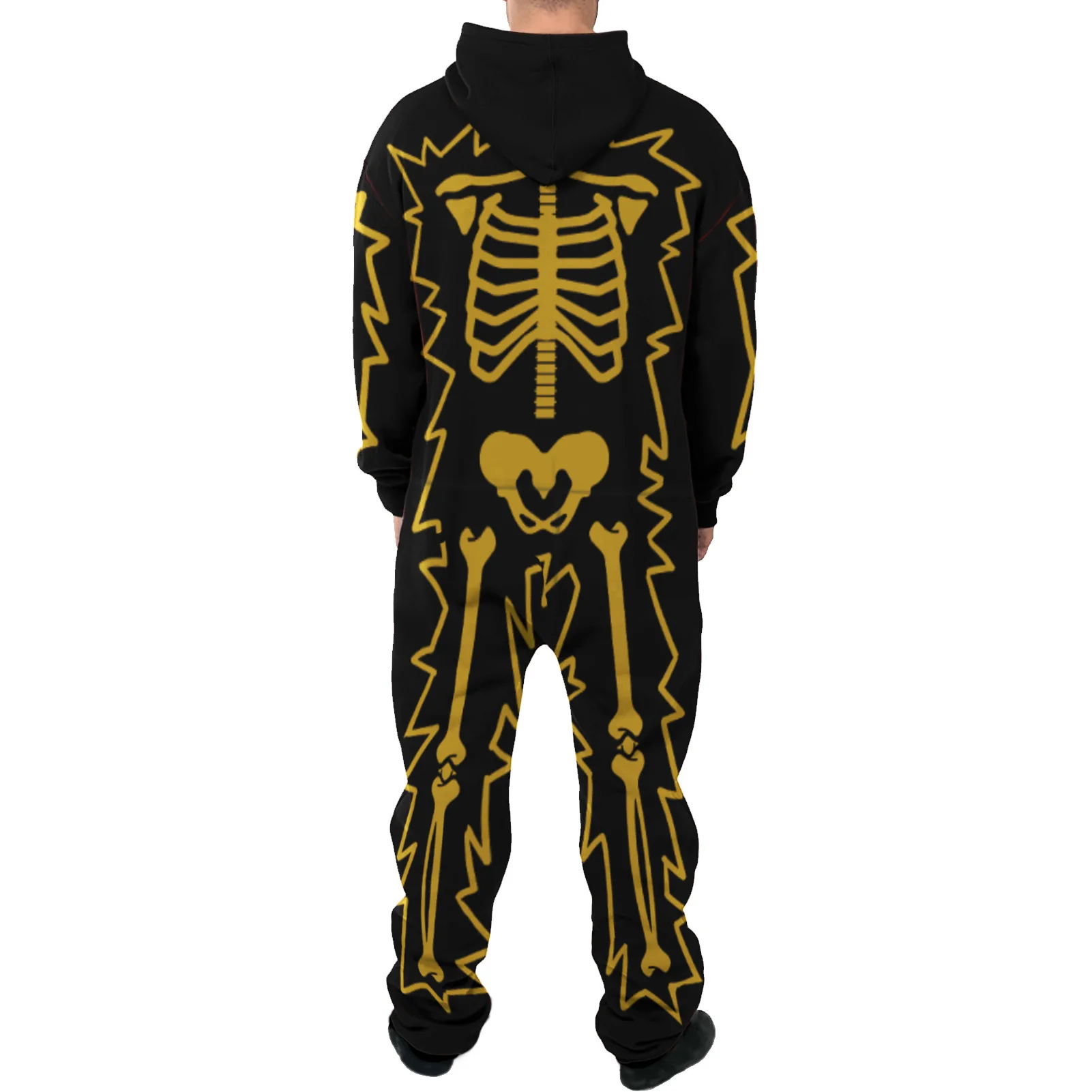 Men One Piece Pajamas Sleepwear Halloween Black Skeleton Print Onesies Adults Hooded Onesies Pyjamas