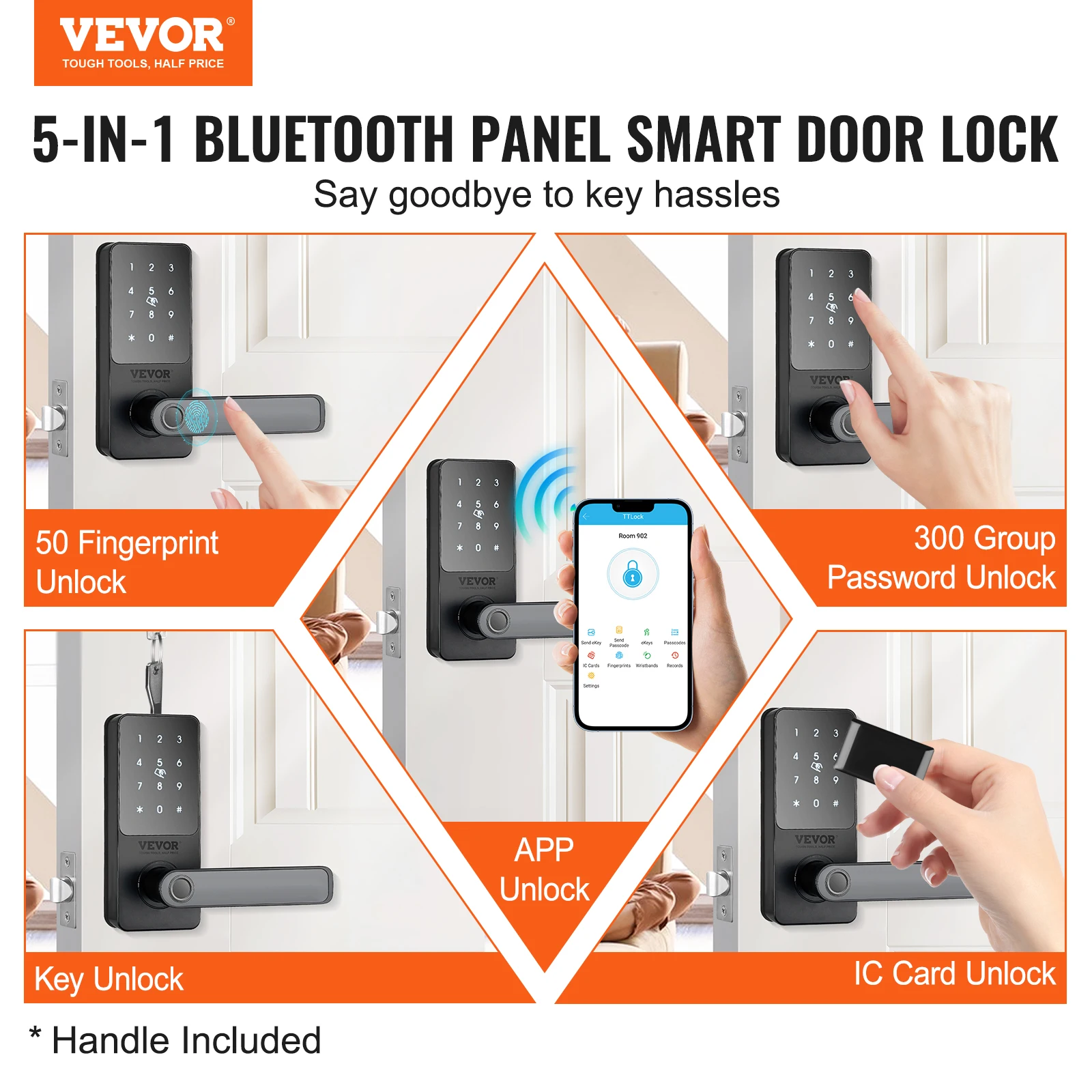 Imagem -02 - Vevor-maçaneta de Porta Inteligente com Impressão Digital Deadbolt Controle de Aplicativos Bluetooth Entrada Keyless Smart Lock em 1