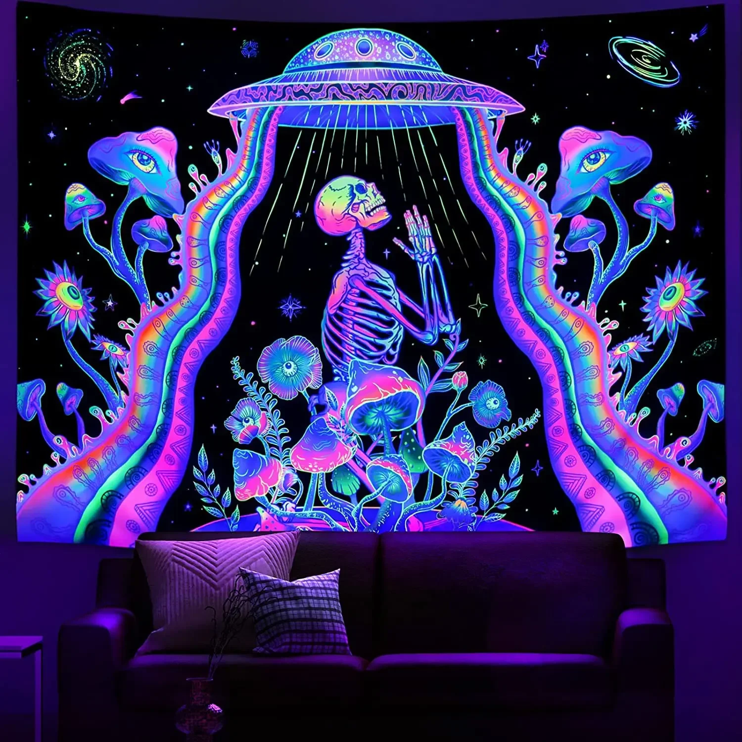 Fluorescent Tapestry Psychedelic Ultraviolet Wall Decoration  Skull Mushroom Witchcraft Beautiful