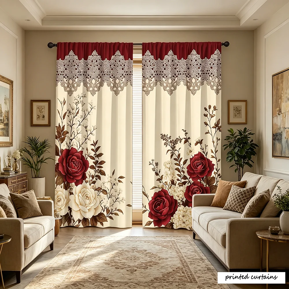 2PCS Off-white & Burgundy Rose Floral with Lace Trim Print Curtains, Vintage Romantic Flat Print Curtain, No Lining