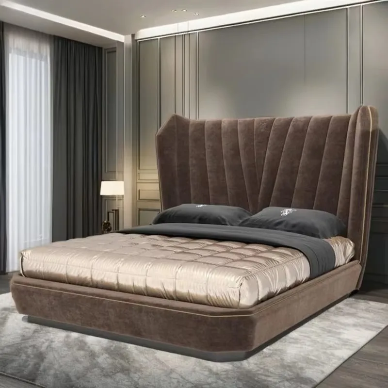 for Modern design villa Italian luxury queen bed frame velvet upholstery fabric metal leather bed