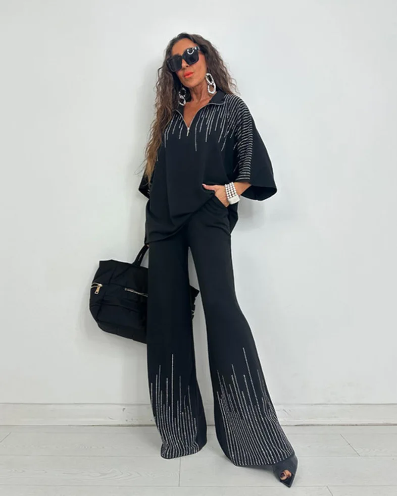 Vêtements pour femmes européens et américains, amples et décontractés, noirs, ensemble de poinçonnage, ensemble de 2 pièces, nouvelle collection automne et hiver