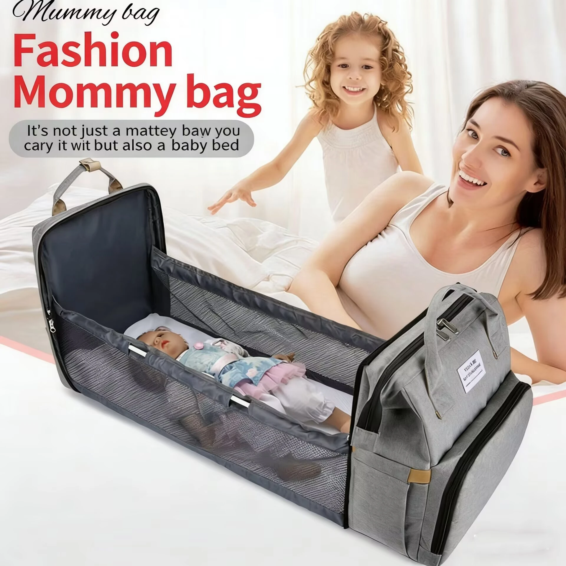 3 in 1 Diaper Bag Foldable Baby Bed Backpack Waterproof Travel Bag with USB Charge Diaper Bag Backpack with Changing Bed 3 Types