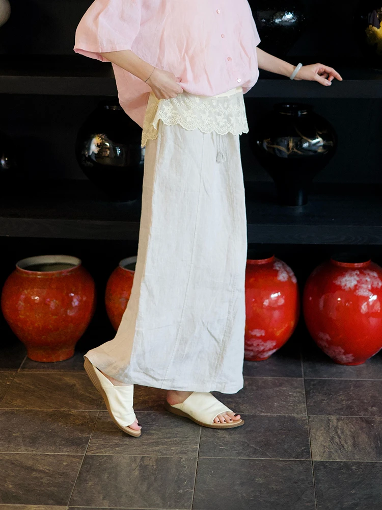 Dopamine Series Blooming 448 Petal Half-length Skirt with Pleats Elasticated Hemline Linen Fabric Casual Style A-line Skirt
