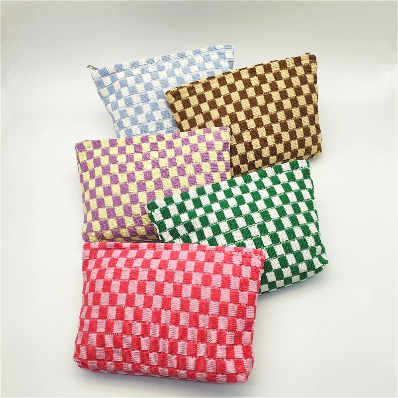 Checkered Women's Makeup Pouch Cosmetic Bag Travel Toiletry Bag Organizer Makeup Brushes Aesthetic Accessories Daily Storage Bag