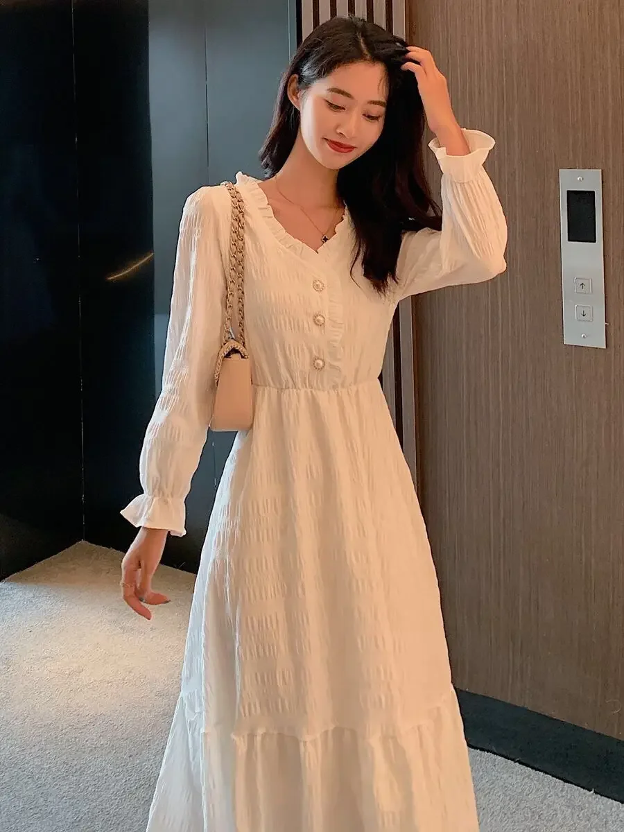 

Elegant French Style Long Sleeve Dress Women Autumn V Neck Button Waist Dress Hepburn Inspired Slim Fit Dress for Office