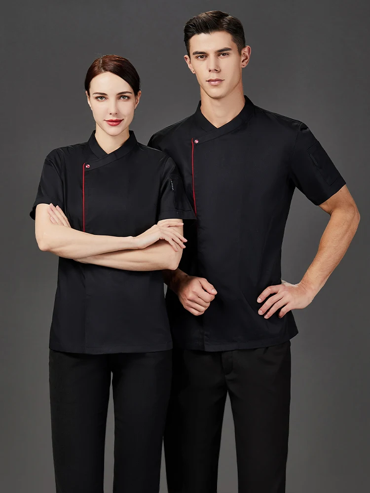 قميص أسود أبيض لطهي الطعام، معطف طاهٍ للمطبخ، زي عمل معجنات الخباز، ملابس الفنادق، سترة كوك قطنية راقية